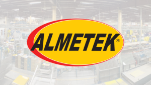 Almetek logo with factory in background